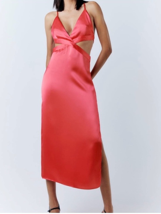 Zara Dresses & Skirts - Zara Coral Satin Midi Dress with Cutout Detail